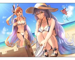 Rule 34 | 2girls, :d, ?, bare shoulders, beach, bikini, blue one-piece swimsuit, blue sarong, blue sky, border, breasts, brown eyes, brown hair, caitlyn0104, choker, cleavage, closed mouth, cloud, collarbone, commentary request, day, dragon, draph, erune, finger to own chin, granblue fantasy, hair between eyes, hair ornament, halterneck, hat, head wings, highres, light purple hair, long hair, multiple girls, navel, ocean, one-piece swimsuit, open mouth, sand, sand castle, sand sculpture, sarong, shore, shovel, sidelocks, silva (granblue fantasy), sky, slippers, smile, squatting, standing, sun hat, sunlight, swimsuit, thighs, tweyen (granblue fantasy), vyrn (granblue fantasy), water, wavy hair, white bikini, white border, white choker, wings