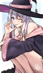 Rule 34 | 1girl, absurdres, bare legs, bird, black skirt, dated, elaina (majo no tabitabi), grey hair, hand gesture, hat, hat ribbon, highres, knees to chest, legs, long hair, looking at viewer, looking to the side, majo no tabitabi, neck ribbon, nigatsumikka, one eye closed, open clothes, open robe, purple eyes, ribbon, robe, shirt, signature, skirt, sleeveless, sleeveless shirt, smile, solo, thighs, tongue, tongue out, wide sleeves, witch hat, yellow ribbon