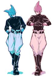Rule 34 | 2boys, alternate costume, boots, closed mouth, dragon ball, dragon ball super, dragon ball super super hero, full body, gamma 1, gamma 2, gloves, hands in pockets, itsuki (nightlight), knee boots, male focus, monochrome, multiple boys, own hands together, pants, shirt, simple background, standing, walking