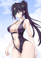 Rule 34 | 1girl, black hair, black one-piece swimsuit, blue eyes, breasts, center opening, character request, cleavage, cloud, commentary request, copyright request, eyepatch, long hair, mitarashi kousei, navel, one-piece swimsuit, outdoors, ponytail, sky, solo, swimsuit, thighs