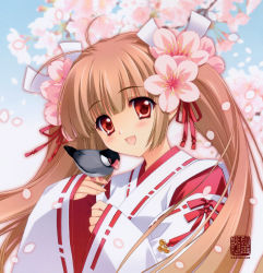 Rule 34 | 1girl, :d, absurdres, bird, bird on hand, brown hair, carnelian, cherry blossoms, finch, flower, flower on head, highres, japanese clothes, java sparrow, miko, open mouth, red eyes, smile, twintails