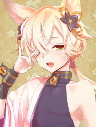 Rule 34 | 1boy, :d, animal ears, blonde hair, brown eyes, granblue fantasy, hair ornament, hand up, kou (granblue fantasy), lock, looking at viewer, male focus, open mouth, ponytail, potato (oriha94), smile, solo, upper body