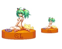 Rule 34 | 10s, 1girl, :&lt;, ahoge, ass, bag of chips, bare arms, bare legs, barefoot, bell, bikini, black ribbon, blush, breasts, brown eyes, butt crack, chips (food), food, from behind, full body, gj-bu, green hair, hair bell, hair between eyes, hair ornament, hair ribbon, kannazuki tamaki, looking at viewer, looking back, medium breasts, migel futoshi, mouth hold, multiple views, o o, pixel art, ribbon, shadow, simple background, sitting, snack, swimsuit, twintails, wariza, white background, yellow bikini