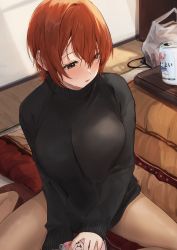 Rule 34 | 1girl, :o, absurdres, akito (d30n26), alcohol, beer, beer can, black sweater, blanket, blush, breasts, brown pantyhose, can, drink can, hair between eyes, half-closed eyes, highres, holding, holding can, kotatsu, large breasts, long sleeves, looking afar, looking down, nagi (akito), no pants, open can, orange hair, original, pantyhose, solo, sweatdrop, sweater, table