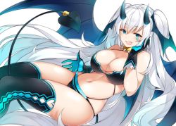 Rule 34 | 1girl, :d, bare shoulders, bikini, black bikini, black gloves, black thighhighs, blue eyes, blue wings, blush, breasts, cleavage, clothing cutout, collar, commentary, demon girl, demon tail, demon wings, fang, gloves, hand on own cheek, hand on own face, heart, heart cutout, highres, horns, large breasts, long hair, looking at viewer, multi-strapped bikini, navel, open mouth, original, simple background, skindentation, smile, solo, spiked collar, spikes, stomach, suruga (xsurugax), swimsuit, tail, thighhighs, twintails, very long hair, white background, white hair, wings