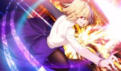Rule 34 | 1girl, arcueid brunestud, arm up, black pantyhose, blonde hair, blue skirt, glowing, grin, hair between eyes, highres, light particles, long sleeves, looking at viewer, melty blood, multicolored background, outstretched arm, pantyhose, red arcueid, red eyes, sharp teeth, short hair, skirt, smile, solo, sweater, teeth, tsukihime, tsukimoto aoi, white sweater