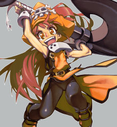 Rule 34 | 1girl, anchor, arc system works, brown eyes, brown hair, fang, fingerless gloves, gloves, guilty gear, hat, long hair, may (guilty gear), orange hat, orange shirt, pantyhose, pirate hat, shirt, skull and crossbones, solo, ysk!