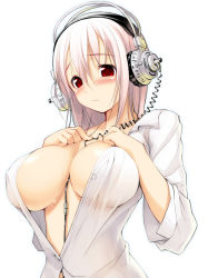 Rule 34 | 1girl, between breasts, blush, breast suppress, breasts, buttons, dress shirt, embarrassed, female focus, hair between eyes, headphones, huge breasts, large breasts, long hair, looking at viewer, nitro super, nitroplus, no bra, official art, open clothes, open shirt, pink hair, pink theme, red eyes, see-through, shiny skin, shirt, simple background, solo, super sonico, tsuji santa, unbuttoned, upper body, wet, white background, white shirt