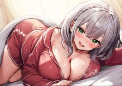 Rule 34 | 1girl, absurdres, alternate costume, bed sheet, blanket, blush, braid, breast press, breasts, cleavage, commentary request, crossed bangs, curtains, day, green eyes, grey hair, hair between eyes, highres, hololive, indoors, large breasts, long hair, long sleeves, looking at viewer, lying, mochitsuki karen, mole, mole on breast, morning, on side, open mouth, pajamas, red pajamas, red shorts, shirogane noel, shorts, sleepwear, smile, solo, teeth, tongue, under covers, upper teeth only, virtual youtuber, waking up