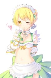 Rule 34 | aimu (ai mu3), apron, arm behind back, back bow, blonde hair, bow, braid, breasts, cleavage, detached sleeves, finger to mouth, flower knight girl, french braid, green bow, hairband, heart, highres, looking at viewer, maid headdress, medium breasts, one eye closed, short hair, simple background, skirt, solo, suiren (flower knight girl), white apron, white background, yellow eyes