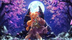 Rule 34 | 1girl, bare arms, bare shoulders, belt, chain, cherry blossoms, cuffs, evil grin, evil smile, full moon, gourd, grin, hair ornament, hair ribbon, horn ornament, horn ribbon, horns, ibuki suika, kaatoso, long hair, looking at viewer, low-tied long hair, moon, night, night sky, orange hair, partially submerged, petals, red eyes, ribbon, rock, sharp teeth, shirt, skirt, sky, sleeveless, smile, solo, teeth, touhou, water
