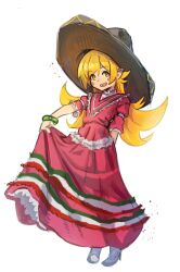 Rule 34 | 1girl, blonde hair, blush, blush stickers, bracelet, commentary, dress, english commentary, fangs, hat, highres, jewelry, long hair, looking at viewer, mexican dress, monogatari (series), open mouth, oshino shinobu, petite, pointy ears, ricman rt, simple background, slit pupils, smile, solo, sombrero, vampire, very long hair, white background, yellow eyes