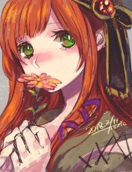 Rule 34 | 1girl, black headband, blush, brown shirt, chrono cross, commentary request, covered mouth, cross-laced clothes, cross-laced sleeves, dated, flower, flower over mouth, green eyes, grey background, headband, leena (chrono cross), long hair, looking at viewer, orange hair, pink flower, shirt, signature, smelling flower, solo, tokio (okt0w0)