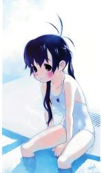 Rule 34 | 1girl, absurdres, bare shoulders, black eyes, black hair, blush, casual one-piece swimsuit, highres, long hair, one-piece swimsuit, pool, poolside, sitting, soaking feet, solo, swimsuit, tanaka kunihiko, twintails, water, white one-piece swimsuit