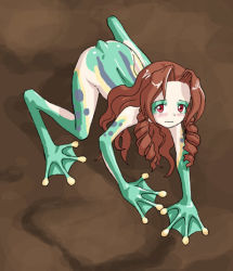 Rule 34 | 1990s (style), 1girl, aerith gainsborough, all fours, blush, branzent, breasts, brown hair, drill hair, embarrassed, final fantasy, final fantasy vii, frog, frog girl, long hair, looking at viewer, lowres, monster girl, nude, red eyes, sidelocks, solo, transformation