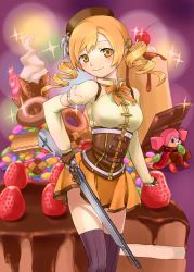 Rule 34 | 10s, 1girl, beret, blonde hair, breasts, cake, candy, charlotte (madoka magica), checkerboard cookie, cherry, chocolate, chocolate bar, cookie, corset, detached sleeves, doughnut, drill hair, fingerless gloves, food, fruit, gloves, gun, hair ornament, hat, ice cream, ice cream cone, king-keisuke, magical girl, magical musket, mahou shoujo madoka magica, mahou shoujo madoka magica (anime), pleated skirt, pudding, skirt, smile, strawberry, striped clothes, striped thighhighs, thighhighs, thumbprint cookie, tomoe mami, vertical-striped clothes, vertical-striped thighhighs, weapon, yellow eyes