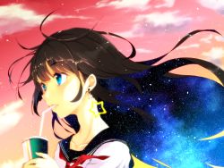 Rule 34 | 1girl, blue eyes, blush, brown hair, colored inner hair, cup, disposable cup, drink, drinking, drinking straw, drinking straw in mouth, earrings, holding, holding cup, jewelry, long hair, messy room, multicolored hair, neckerchief, original, profile, school uniform, serafuku, sky, solo, space print, star (sky), star (symbol), star earrings, starry sky, starry sky print, sunset, suteki shuushuuiin chou, wind