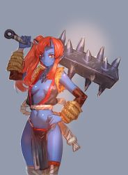 Rule 34 | 1girl, blue skin, bow (bhp), breasts, brown eyes, club, club (weapon), colored skin, gloves, hand on own hip, highres, hip focus, horns, jewelry, kanabou, long hair, looking at viewer, navel, necklace, oni, original, pointy ears, red hair, small breasts, solo, spiked club, thighs, weapon