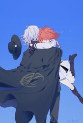 Rule 34 | 1boy, 1girl, black cape, black footwear, black gloves, black hat, blue background, blush, boots, ca (ca gemini), cape, commentary request, crying, crying with eyes open, edmond dantes (fate), fate/grand order, fate (series), floating hair, fujimaru ritsuka (female), fujimaru ritsuka (female) (decisive battle chaldea uniform), gloves, grey gloves, hat, highres, hug, jacket, long sleeves, no headwear, orange eyes, orange hair, pants, simple background, smile, tearing up, tears, white hair, white jacket, white pants