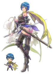 Rule 34 | 1girl, armor, ass, bad id, bad pixiv id, blue hair, boots, detached sleeves, docoi, dual persona, dual wielding, flower, high heels, holding, knife, md5 mismatch, original, panties, pantyshot, purple eyes, reverse grip, scarf, sheath, shoes, short hair, solo, sword, thigh boots, thighhighs, underwear, weapon