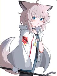 Rule 34 | 1girl, absurdres, ahoge, animal ear fluff, animal ears, arknights, black choker, black pantyhose, blue dress, blue eyes, blush, brown hair, choker, dress, fox ears, fox girl, fox tail, from side, gloves, hair between eyes, highres, holding, jacket, looking at viewer, looking to the side, open mouth, pantyhose, simple background, solo, spam (spamham4506), standing, sussurro (arknights), sweat, tail, white background, white gloves, white jacket