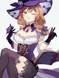 Rule 34 | 1girl, absurdres, black shorts, black thighhighs, book, breasts, brooch, brown hair, capelet, cleavage, crossed legs, dress, flower, genshin impact, gloves, gold trim, green eyes, grimoire, grin, hair flower, hair ornament, hands up, hat, highres, jewelry, large breasts, lisa (genshin impact), long hair, looking at viewer, one eye closed, purple dress, purple gloves, purple hat, rippajun, short shorts, shorts, simple background, sitting, smile, solo, thighhighs, white background, witch hat