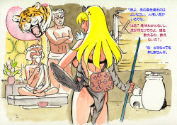 Rule 34 | 1girl, 2boys, anger vein, armor, bad id, bad pixiv id, beard, blonde hair, captain of the royal guard elina, caracol, elina (queen&#039;s blade), elina (queen's blade), facial hair, long hair, multiple boys, open mouth, queen&#039;s blade, sitting, standing, tiger, translated