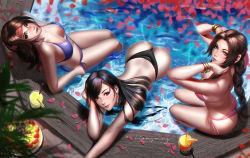 Rule 34 | 3girls, aerith gainsborough, ass, bikini, black hair, breasts, brown hair, cherry blossoms, cleavage, cocktail glass, cup, drinking glass, final fantasy, final fantasy vii, from above, halterneck, headband, highres, jessie rasberry, large breasts, liang xing, long hair, looking at viewer, looking up, medium breasts, multiple girls, partially submerged, petals, pool, red headband, sitting, square enix, string bikini, swimsuit, tifa lockhart, water
