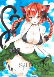 Rule 34 | 1girl, animal ear fluff, animal ears, arim0k0, bikini, black bikini, blue sky, braid, breasts, cat ears, cleavage, clothes lift, fangs, green skirt, highres, kaenbyou rin, large breasts, lifting own clothes, long hair, looking at viewer, ocean, open mouth, outdoors, red eyes, red hair, sample watermark, side braids, skin fangs, skirt, skirt lift, sky, smile, solo, swimsuit, touhou, traditional media, twin braids, watermark
