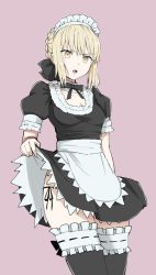 Rule 34 | 1girl, absurdres, apron, artoria pendragon (all), artoria pendragon (fate), bad id, bad twitter id, black ribbon, black thighhighs, blonde hair, braid, breasts, cleavage, clothes lift, cowboy shot, fate/stay night, fate (series), frilled thighhighs, frills, hair ribbon, highres, ito (silk9f), looking at viewer, looking down, maid, maid headdress, medium breasts, official alternate costume, open mouth, panties, puffy short sleeves, puffy sleeves, purple background, ribbon, saber (fate), saber alter, short sleeves, side-tie panties, side-tie peek, simple background, skirt, skirt lift, solo, thighhighs, underwear, waist apron, yellow eyes