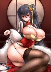 Rule 34 | 1girl, ahoge, akatsuki akane, azur lane, bare shoulders, black gloves, black hair, black panties, black thighhighs, blush, breasts, bridal gauntlets, china dress, chinese clothes, cleavage, cleavage cutout, clothing cutout, commentary request, crossed bangs, dress, elbow gloves, feather boa, fishnet thighhighs, fishnets, garter straps, gloves, hair between eyes, hair ornament, head tilt, highres, huge breasts, long hair, looking at viewer, nail polish, official alternate costume, one side up, panties, panty pull, pelvic curtain, pulling own clothes, red dress, red eyes, red nails, side-tie panties, side slit, signature, sitting, sleeveless, sleeveless dress, solo, sweat, taihou (azur lane), taihou (phoenix&#039;s spring song) (azur lane), thighhighs, thighs, tongue, tongue out, underwear, very long hair