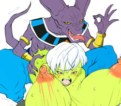 Rule 34 | 1boy, 1girl, all fours, alternate breast size, animal ears, ass grab, beerus, bouncing breasts, breasts, cat ears, cheelai, colored skin, cowgirl position, dragon ball, dragon ball super, dragon ball super super hero, embarrassed, evil grin, evil smile, fangs, fingernails, grabbing, grabbing from behind, green skin, grin, happy sex, hetero, interspecies, looking at viewer, motion lines, nipples, no humans, ok sign, purple eyes, purple skin, sex, short hair, simple background, smile, squatting, straddling, sweat, tail, tongue, tongue out, white background, white hair, yellow eyes