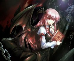 Rule 34 | 1girl, arm garter, bat wings, book, bow, chain, colored eyelashes, dress shirt, dutch angle, eyelashes, fangs, female focus, head wings, holding, holding book, iron maiden, koakuma, long hair, long sleeves, naughty face, necktie, red eyes, red hair, red ribbon, ribbon, shirosa, shirt, skirt, skirt set, smile, solo, touhou, vest, white shirt, wings