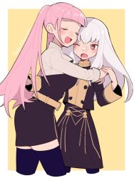 Rule 34 | 2girls, belt, black legwear, blush, breasts, buttons, closed eyes, do m kaeru, fire emblem, fire emblem: three houses, garreg mach monastery uniform, hair between eyes, height difference, hilda valentine goneril, hug, large breasts, long hair, long sleeves, looking at another, looking to the side, lysithea von ordelia, multiple girls, nintendo, one eye closed, open mouth, pink eyes, pink hair, sleeves rolled up, smile, thighhighs, tongue, twintails, twitter username, uniform, very long hair, white hair, yellow belt, zettai ryouiki