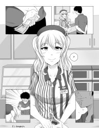 Rule 34 | 10s, 1boy, 1girl, ?, bag, beret, blush, commentary, disneyland, emphasis lines, employee uniform, greyscale, hat, highres, holding, kantai collection, kashima (kancolle), lawson, monochrome, monochrome, name tag, open mouth, plastic bag, robba-san (wangphing), smile, spoken question mark, sweatdrop, ticket, tickets, twitter username, uniform, wangphing, wavy hair