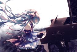 Rule 34 | 1girl, anniversary, bare shoulders, black gloves, blue dress, blue hair, character name, closed mouth, dress, dutch angle, fingerless gloves, floating hair, from side, gloves, happy birthday, hatsune miku, instrument, long hair, musical note, piano, piano bench, playing, quaver, ripples, shuryukan, sidelocks, sitting, solo, twintails, very long hair, vocaloid, water drop, yuki miku
