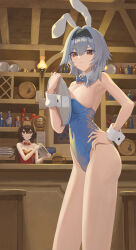 Rule 34 | 2girls, absurdres, amber (genshin impact), animal ears, bare arms, bare shoulders, beer mug, black hairband, blue bow, blue bowtie, blue hair, blue leotard, bow, bowtie, breasts, brown eyes, brown hair, cleavage, commentary, cowboy shot, cup, eula (genshin impact), fake animal ears, genshin impact, grin, groin, hairband, highres, holding, holding tray, indoors, large breasts, leotard, llami 0, looking at viewer, medium hair, mug, multiple girls, rabbit ears, red bow, red bowtie, red leotard, smile, standing, strapless, strapless leotard, thighs, tray, wrist cuffs