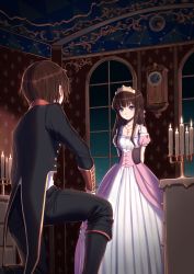 Rule 34 | 1boy, 1girl, arms behind back, bad id, bad pixiv id, blush, brown hair, candle, candlestand, clock, constellation, cross, dress, exit tunes, formal, grey eyes, highres, jewelry, kneeling, long hair, necklace, night, on one knee, phantania, purple eyes, seitou no marche, short hair, suit, tiara, vocaloid