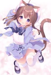 Rule 34 | 1girl, :d, ahoge, animal ear fluff, animal ears, arm up, beret, black bow, black footwear, blue jacket, blue skirt, blush, bow, braid, brown hair, cat ears, cat girl, cat tail, commentary request, dress shirt, full body, hand up, hat, jacket, long hair, long sleeves, looking at viewer, open clothes, open jacket, open mouth, original, piyodera mucha, pleated skirt, purple eyes, sailor collar, school uniform, serafuku, shirt, shoes, skindentation, skirt, sleeves past wrists, smile, solo, tail, thighhighs, twintails, v, white hat, white sailor collar, white shirt, white thighhighs