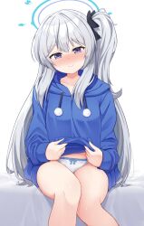 Rule 34 | 1girl, blue archive, blue halo, blue hoodie, blush, bow, bow panties, closed mouth, clothes lift, commentary request, feet out of frame, grey hair, halo, highres, hood, hoodie, hoodie lift, lifting own clothes, long hair, long sleeves, looking at viewer, miyako (blue archive), miyako (young) (blue archive), nenosame, no pants, one side up, open mouth, panties, purple eyes, solo, underwear, white panties