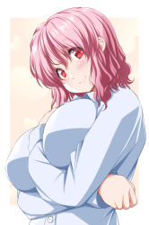 Rule 34 | 1girl, alternate costume, arm under breasts, blush, breasts, commentary request, dress shirt, highres, large breasts, long sleeves, looking at viewer, medium hair, nori tamago, pink hair, red eyes, saigyouji yuyuko, shirt, simple background, solo, touhou, upper body, wavy hair, white shirt