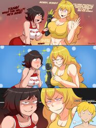 Rule 34 | 1boy, 2girls, 3koma, abs, angry, artist name, blonde hair, blush, breast poke, breasts, cleavage, comic, english text, fangs, giving up the ghost, grey eyes, highres, jaune arc, jealous, large breasts, looking at viewer, medium breasts, midriff, multiple girls, naughty face, navel, open mouth, poking, prosthesis, prosthetic arm, purple eyes, ruby rose, rwby, scared, sexually suggestive, short hair, siblings, sisters, smile, smug, sparkle, sports bra, sportswear, sweat, yang xiao long, you gonna get raped