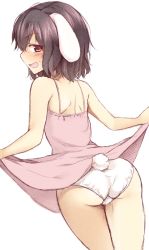 Rule 34 | 1girl, animal ears, ass, bad id, bad pixiv id, bare arms, bare shoulders, black hair, blush, brown eyes, clothes lift, dress, dress lift, eyebrows, from behind, inaba tewi, lifting own clothes, looking at viewer, nnyara, open mouth, panties, pink dress, rabbit ears, rabbit girl, rabbit tail, simple background, sleeveless, sleeveless dress, solo, standing, tail, thighs, touhou, underwear, white background, white panties