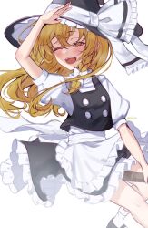Rule 34 | 1girl, ;d, apron, arm up, black vest, blonde hair, bow, braid, broom, broom riding, feet out of frame, hat, hat bow, highres, kirisame marisa, long hair, mokou cooking, one eye closed, open mouth, short sleeves, simple background, skirt, smile, solo, touhou, vest, waist apron, white bow, witch hat, yellow eyes