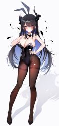 Rule 34 | 1girl, absurdres, alternate costume, animal ears, asymmetrical horns, black bow, black bowtie, black flower, black footwear, black hair, black horns, black leotard, black nails, black pantyhose, blue hair, blush, bow, bowtie, breasts, closed mouth, colored inner hair, commentary, contrapposto, covered navel, demon horns, detached collar, english commentary, fake animal ears, falling feathers, feathers, fingernails, flower, full body, hair between eyes, hand on own chest, hand on own hip, highleg, highleg leotard, highres, hololive, hololive english, horn flower, horns, large breasts, leotard, long hair, looking at viewer, meiwowowo, mole, mole under eye, multicolored hair, nail polish, nerissa ravencroft, pantyhose, playboy bunny, rabbit ears, red eyes, shadow, shoes, simple background, smile, solo, standing, strapless, strapless leotard, thighband pantyhose, torn clothes, torn pantyhose, two-tone hair, uneven horns, very long hair, virtual youtuber, white background