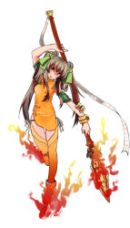 Rule 34 | 1girl, bell, bracelet, brown eyes, brown hair, burning, fire, fire, full body, hair ornament, hair rings, highres, itsumaden (track46), jewelry, long hair, looking at viewer, nataku (sennen sensou aigis), open mouth, orange footwear, orange thighhighs, polearm, sennen sensou aigis, shoes, solo, spear, standing, standing on one leg, thighhighs, weapon, white background