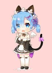 Rule 34 | 10s, 1girl, animal ears, ayami (annahibi), blue eyes, blue hair, blush, bow, breasts, cat ears, cat tail, chibi, cleavage, clenched hand, detached sleeves, eyes visible through hair, fang, frilled sleeves, frills, hair ornament, hair over one eye, looking at viewer, maid, open mouth, pink bow, re:zero kara hajimeru isekai seikatsu, rem (re:zero), short hair, solo, tail, thighhighs, twintails, white thighhighs, wings, x hair ornament, zettai ryouiki