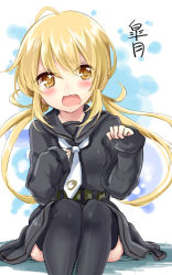 Rule 34 | 10s, 1girl, black thighhighs, blonde hair, blush, character name, highres, kantai collection, long hair, looking at viewer, low twintails, necktie, open mouth, satsuki (kancolle), skirt, solo, tears, thighhighs, twintails, yellow eyes, yuya (night lily)