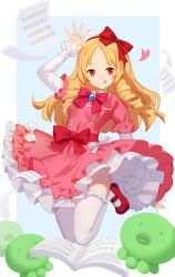 Rule 34 | 1girl, bad id, bad pixiv id, blonde hair, bow, dress, drill hair, eromanga sensei, full body, hair bow, hairband, highres, hip focus, jumping, layered sleeves, lolita fashion, long sleeves, looking at viewer, mary janes, petals, petticoat, pink bow, pink dress, pointy ears, red bow, red eyes, red footwear, red hairband, ringlets, sannye, sash, sheet music, shoes, short over long sleeves, short sleeves, solo, stuffed animal, stuffed octopus, stuffed toy, twin drills, white bow, white legwear, yamada elf