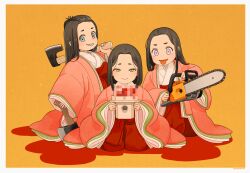 Rule 34 | 3girls, akai sashimi, axe, bangs pinned back, blue eyes, border, brown hair, censored, chainsaw, closed mouth, commentary request, forehead, full body, grin, hakama, hinamatsuri, holding, holding axe, holding chainsaw, japanese clothes, kimono, layered clothes, layered kimono, long hair, long sleeves, looking at viewer, matching outfits, mosaic censoring, multiple girls, orange background, original, purple eyes, red hakama, sanbou, seiza, simple background, sitting, smile, tongue, tongue out, white border, wide sleeves, yellow eyes